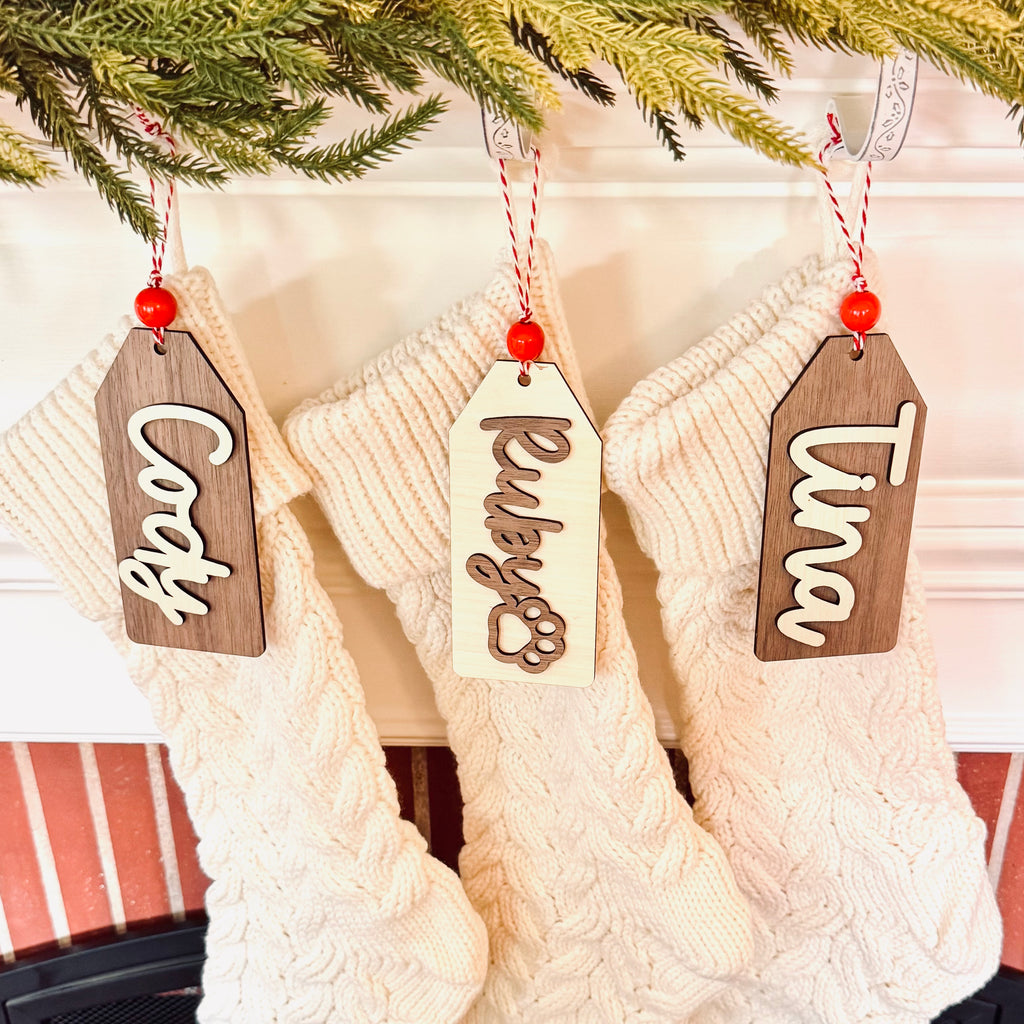 Classic Wood Stocking Tag with Custom Name