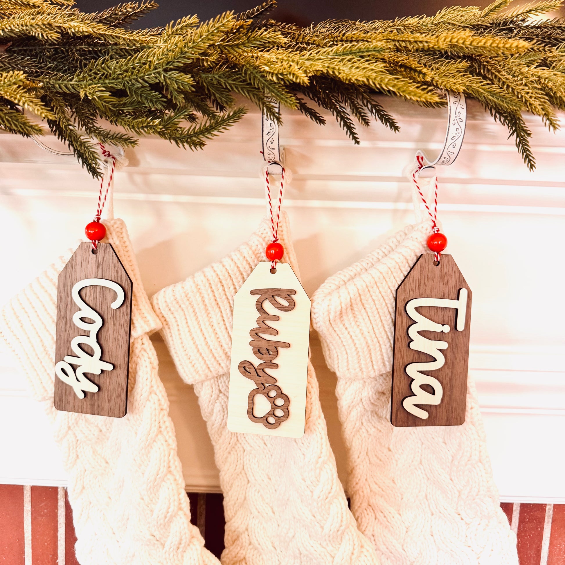 Classic Wood Stocking Tag with Custom Name