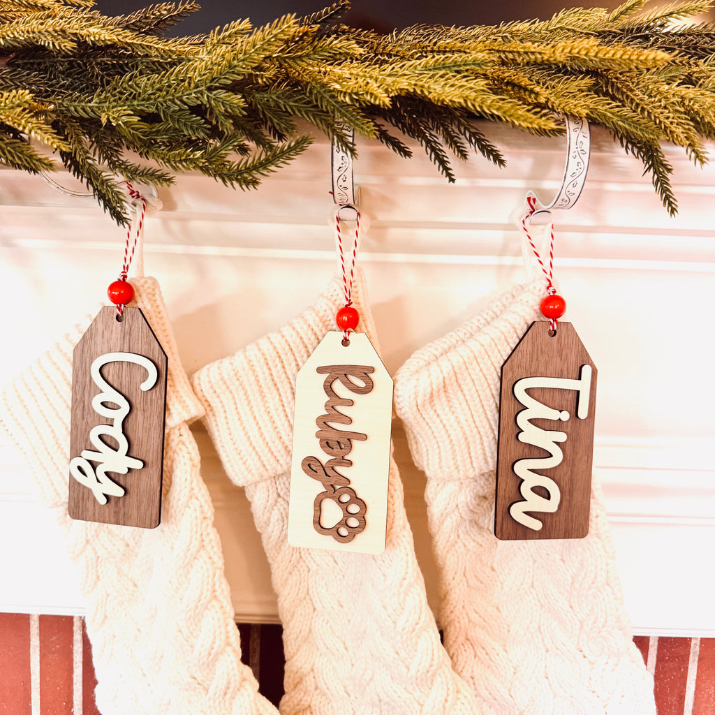 Classic Wood Stocking Tag with Custom Name