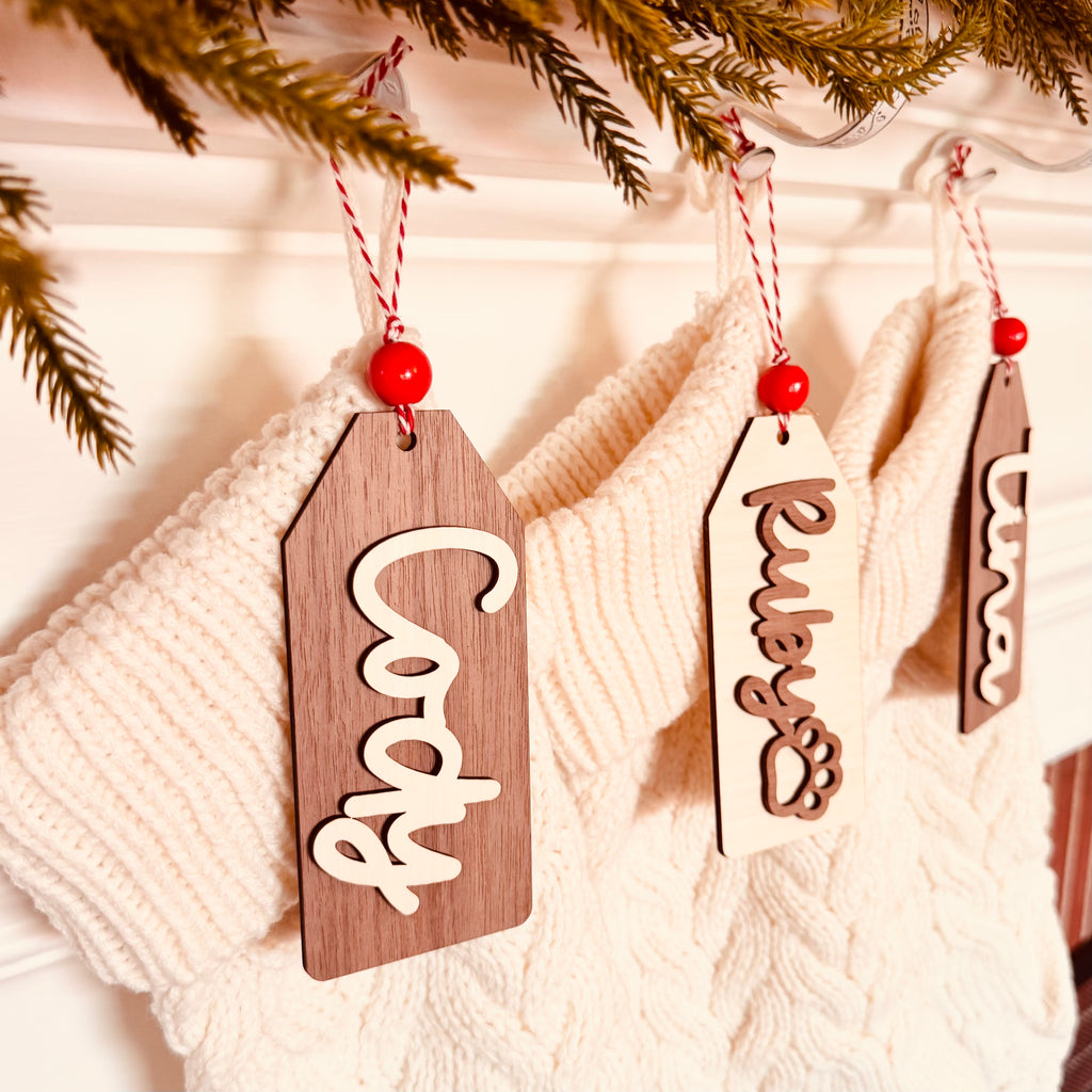 Classic Wood Stocking Tag with Custom Name
