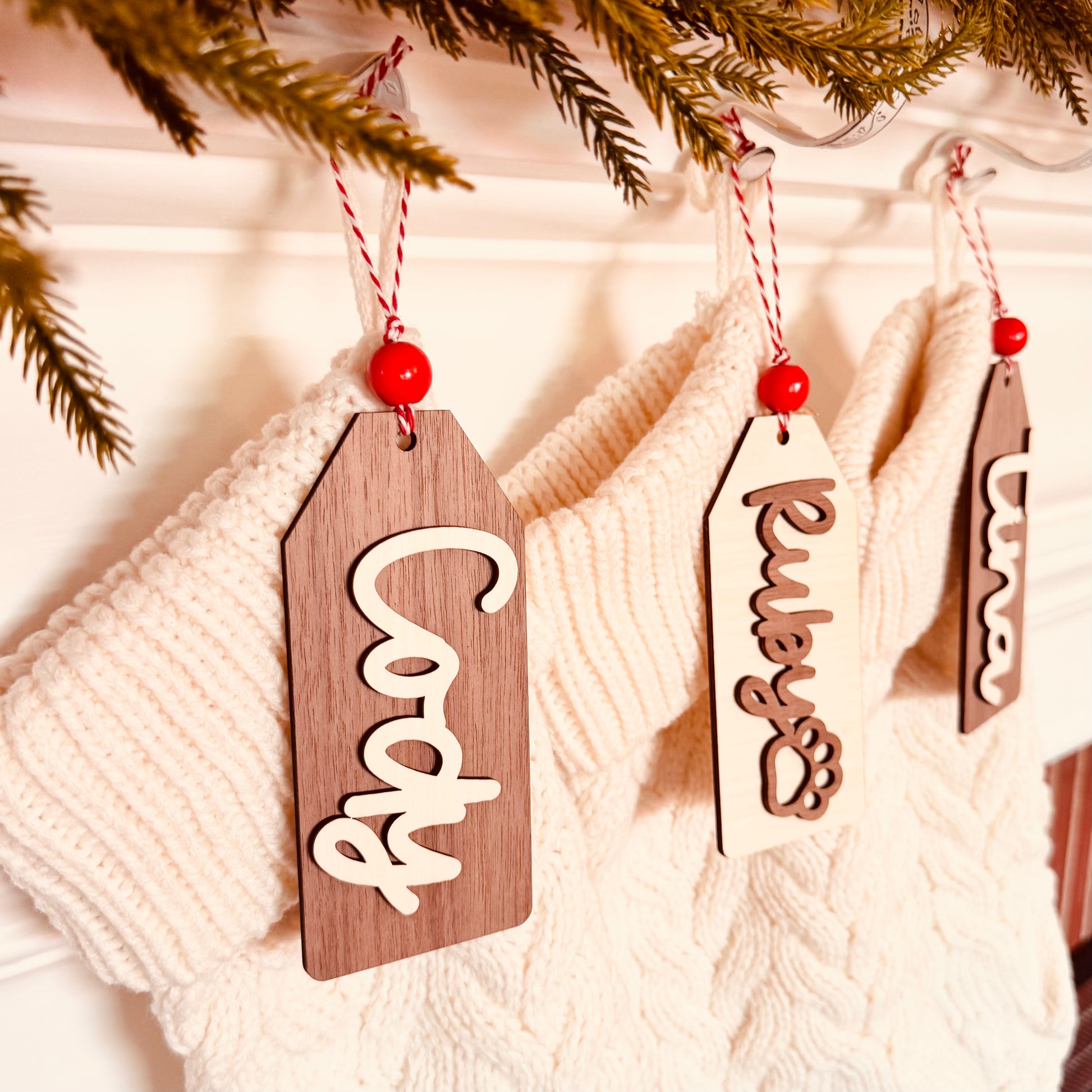 Classic Wood Stocking Tag with Custom Name