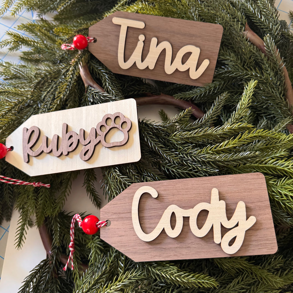 Classic Wood Stocking Tag with Custom Name
