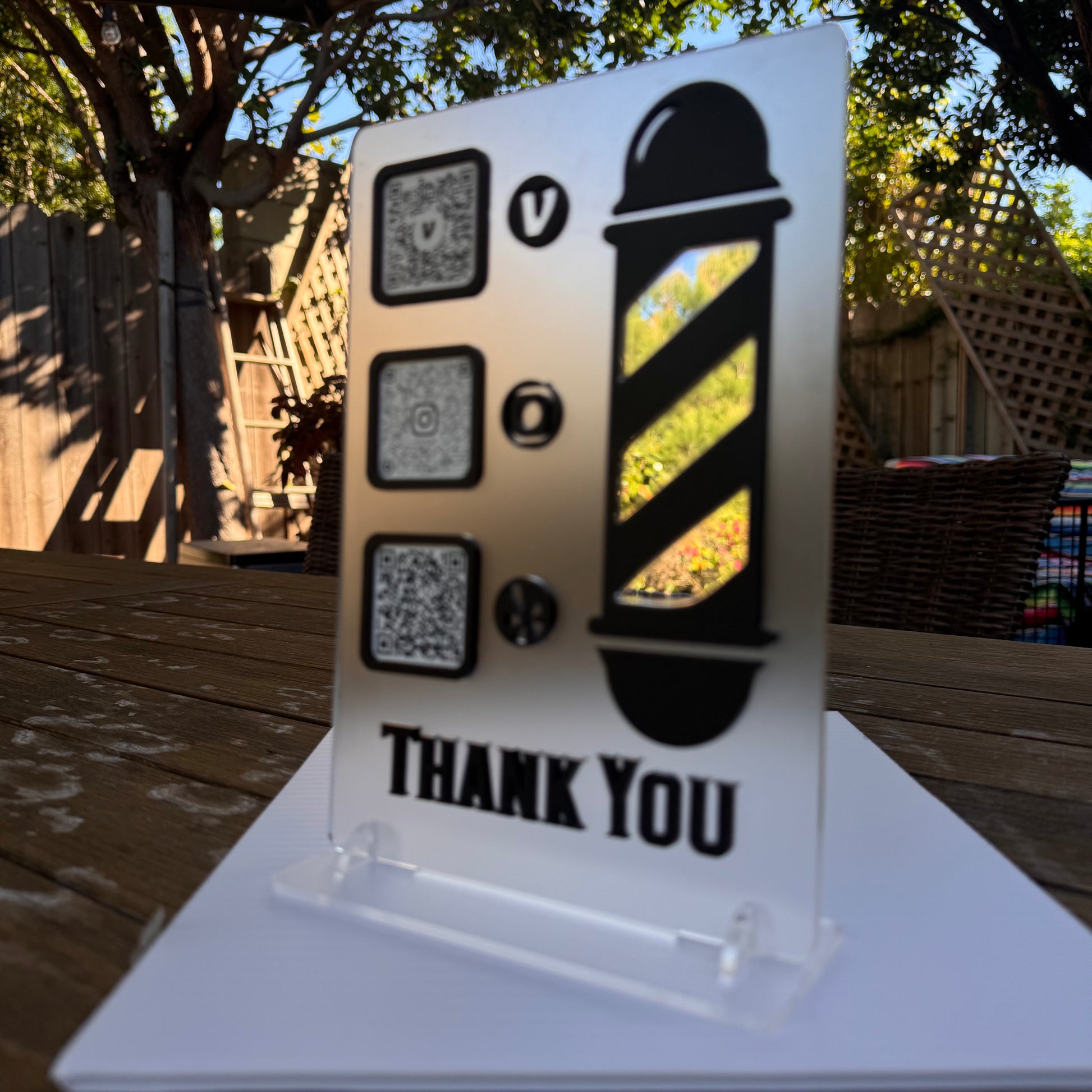 Barbershop QR Code Sign | Frosted Acrylic with Black & Silver