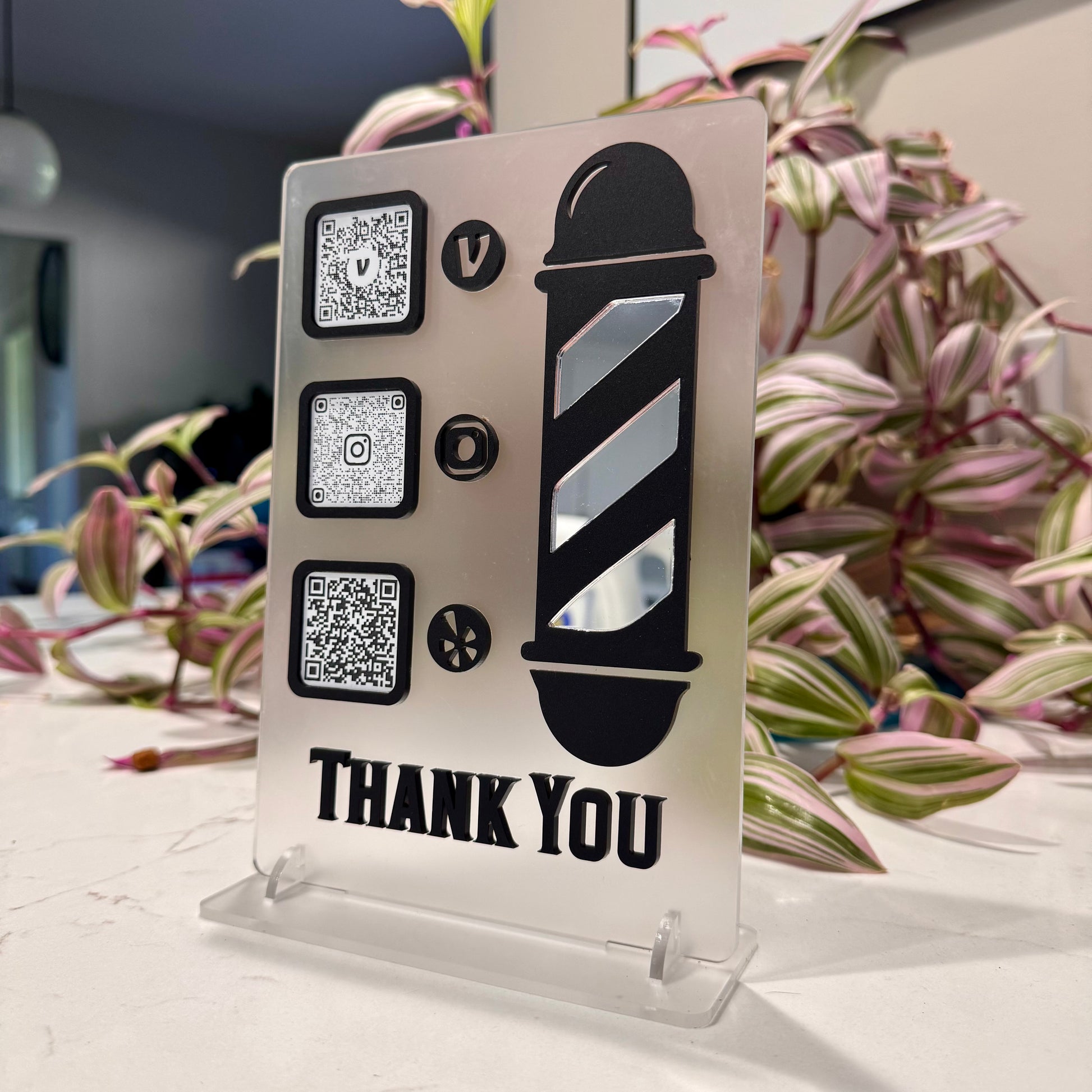 Barbershop QR Code Sign | Frosted Acrylic with Black & Silver