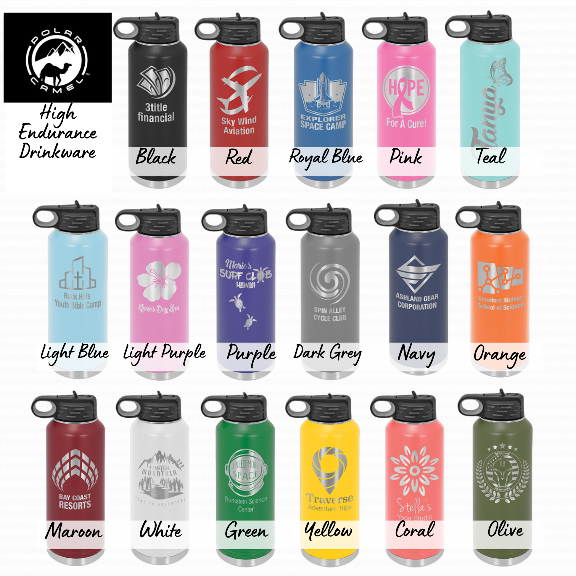 Custom Polar Camel Water Bottle, 20oz, 32oz, 40oz Laser Engraved, Stainless Steel.  Add name, choose design or upload logo