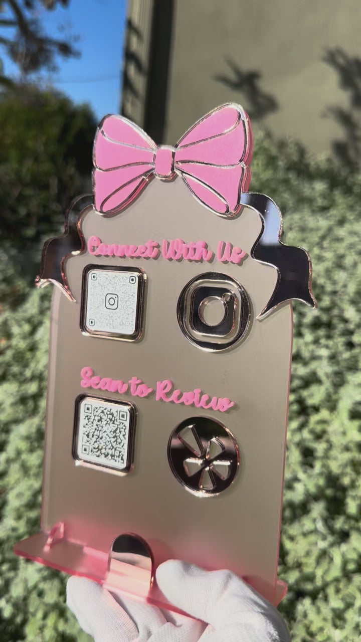 Bow QR Code Sign | Frosted Rose Acrylic with Business Card Holder